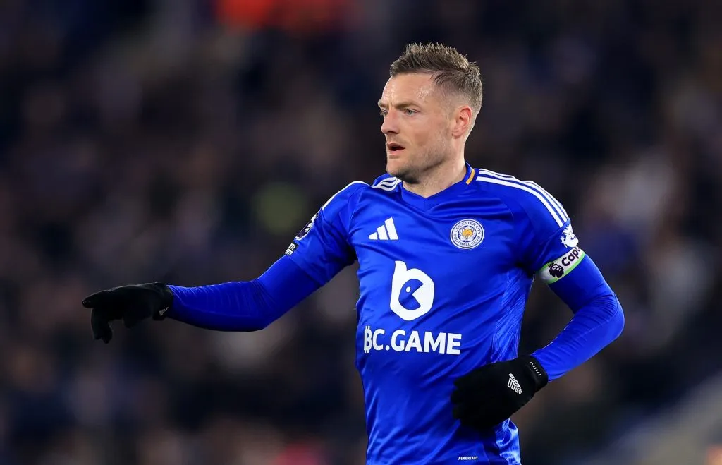LEICESTER, ENGLAND – MARCH 16: Jamie Vardy of Leicester City looks on during the Premier League match between Leicester City FC and Manchester United FC at The King Power Stadium on March 16, 2025 in Leicester, England. (Photo by Carl Recine/Getty Images)