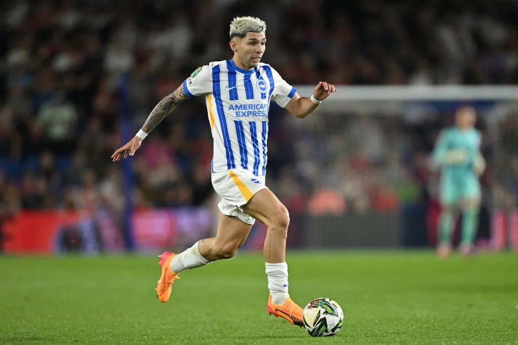 BRIGHTON, ENGLAND – AUGUST 27: Julio Enciso of Brighton in action during the Carabao Cup Second Round match between Brighton &amp; Hove Albion and Crawley Town at Amex Stadium on August 27, 2024 in Brighton, England. (Photo by Mike Hewitt/Getty Images)