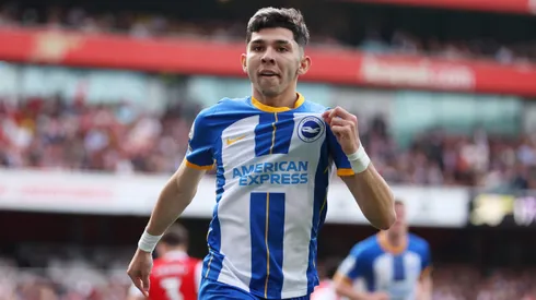 Julio Enciso of Brighton & Hove Albion celebrates after scoring the team's first goal during the Premier League match between Arsenal FC and Brighton & Hove Albion at Emirates Stadium on May 14, 2023 in London, England.
