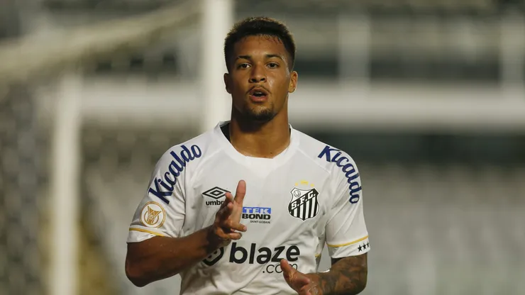 SANTOS, BRAZIL - JULY 23: Marcos Leonardo of Santos celebrates after scoring the team's second goal during the match between Santos and Botafogo as part of Brasileirao Series A 2023 at Urbano Caldeira Stadium (Vila Belmiro) on July 23, 2023 in Santos, Brazil. (Photo by Ricardo Moreira/Getty Images)