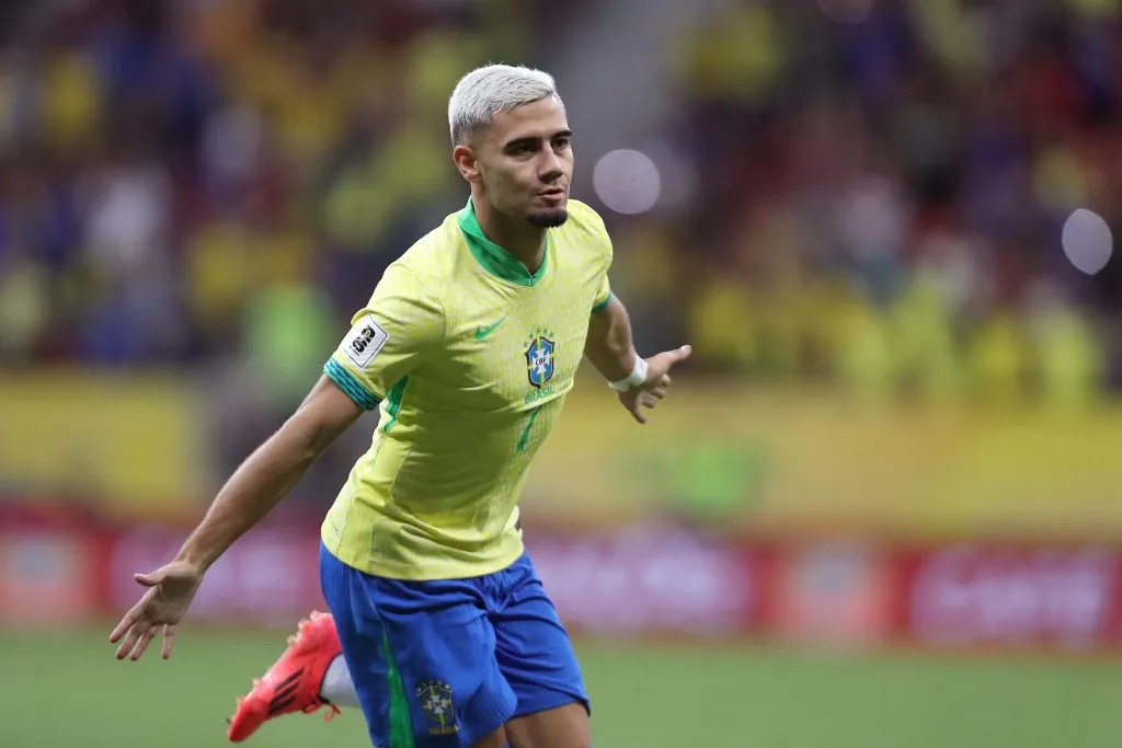 BRASILIA, BRAZIL – OCTOBER 15: Andreas Pereira of Brazil celebrates after scoring the team’s third goal during the FIFA World Cup 2026 South American Qualifier match between Brazil and Peru at Arena BRB Mané Garrincha on October 15, 2024 in Brasilia, Brazil.  (Photo by Wagner Meier/Getty Images)