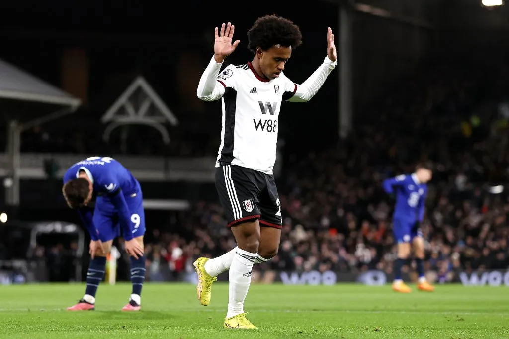 LONDON, ENGLAND – JANUARY 12: Willian of Fulham celebrates after scoring their team’s first goal during the Premier League match between Fulham FC and Chelsea FC at Craven Cottage on January 12, 2023 in London, England. (Photo by Ryan Pierse/Getty Images)