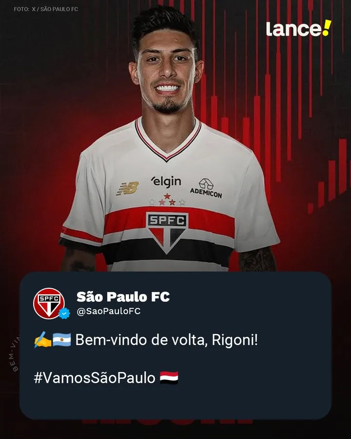 São Paulo anunciando Rigoni. Foto: perfil do São Paulo no ‘X’.