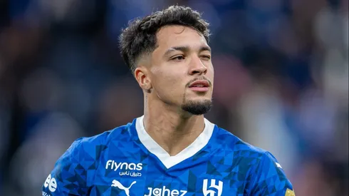 RIYADH, SAUDI ARABIA – FEBRUARY 25: Marcos Leonardo of Al-Hilal FC celebrates scoring their fourth goal during the Saudi Pro League match between Al-Hilal FC and Al-Kholood FC at Kingdom Arena on February 25, 2025 in Riyadh, Saudi Arabia. (Photo by Abdullah Ahmed/Getty Images)