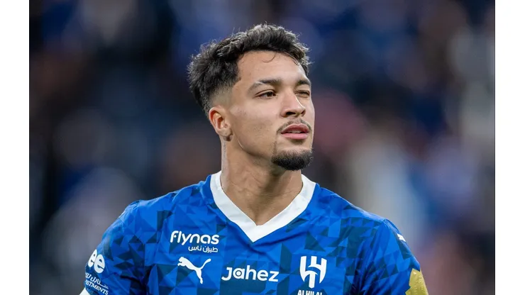 RIYADH, SAUDI ARABIA - FEBRUARY 25: Marcos Leonardo of Al-Hilal FC celebrates scoring their fourth goal during the Saudi Pro League match between Al-Hilal FC and Al-Kholood FC at Kingdom Arena on February 25, 2025 in Riyadh, Saudi Arabia. (Photo by Abdullah Ahmed/Getty Images)