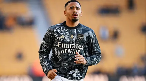 Gabriel Jesus of Arsenal looks on as he warms up prior to the Premier League match between Wolverhampton Wanderers and Arsenal FC at Molineux on April 20, 2024 in Wolverhampton, England.