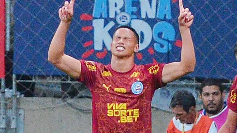 BA – SALVADOR – 20/08/2025 – COPA DO NORDESTE 2025, BAHIA X CEARA – Tiago jogador do Bahia comemora seu gol durante partida contra o Ceara no estadio Fonte Nova pelo campeonato Copa Do Nordeste 2025. Foto: Walmir Cirne/AGIF