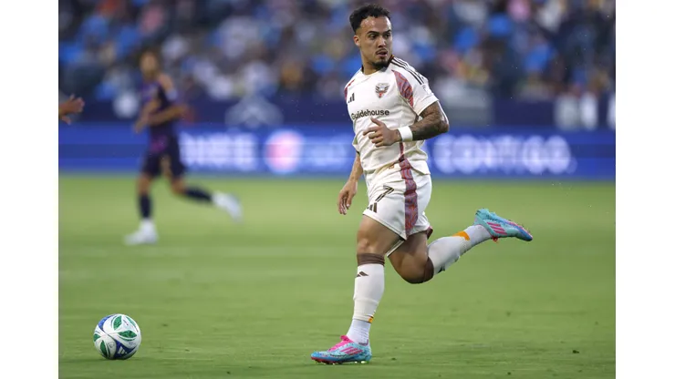 CARSON, CALIFORNIA - JULY 12: João Peglow #7 of D.C. United chases a pass during a 2-1 Los Angeles Galaxy win over D.C. United at Dignity Health Sports Park on July 12, 2025 in Carson, California. (Photo by Harry How/Getty Images)