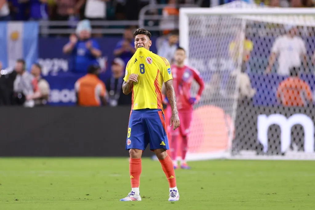 MIAMI GARDENS, FLORIDA – JULY 14: Jorge Carrascal of Colombia reacts during the CONMEBOL Copa America 2024 Final match between Argentina and Colombia at Hard Rock Stadium on July 14, 2024 in Miami Gardens, Florida. (Photo by Carmen Mandato/Getty Images)