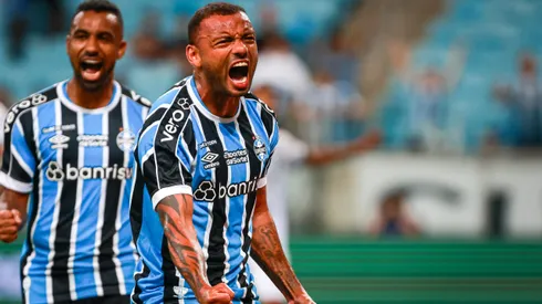 JP Galvao jogador do Gremio comemora seu gol durante partida contra o Sao Jose no estadio Arena do Gremio pelo campeonato Gaucho 2024.