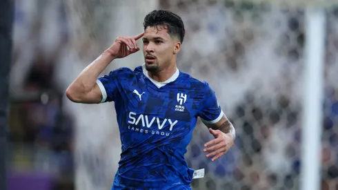 JEDDAH, SAUDI ARABIA - APRIL 25: Marcos Leonardo of Al Hilal celebrates after scoring the second goal during the AFC Champions League Elite match between Al Hilal and Gwangju at King Abdullah Sports City Hall Stadium on April 25, 2025 in Jeddah, Saudi Arabia. (Photo by Yasser Bakhsh/Getty Images)