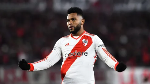 Miguel Borja of River Plate celebrates after scoring the team's second goal during a Liga Profesional 2024 match between River Plate and Tigre at Estadio Más Monumental Antonio Vespucio Liberti on June 2, 2024 in Buenos Aires, Argentina.