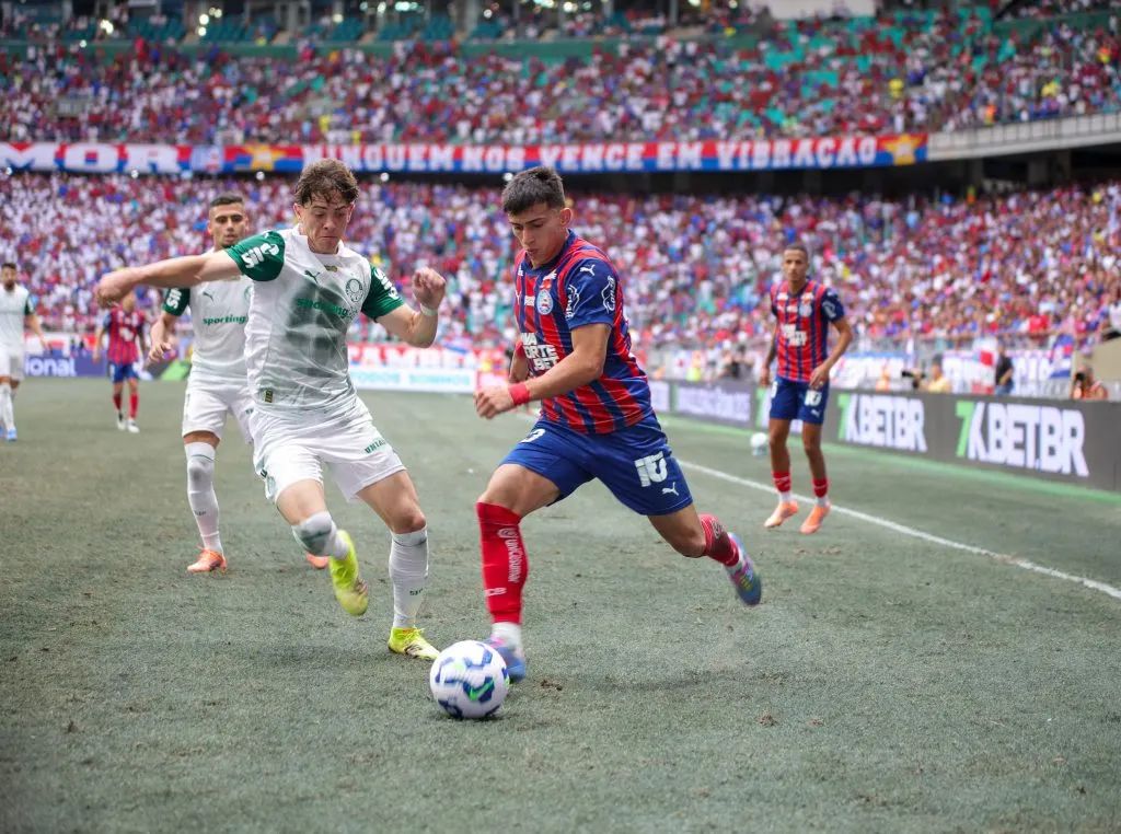 Sanabria jogador do Bahia durante partida contra o Palmeiras no estadio Fonte Nova pelo campeonato Brasileiro A 2025. Foto: Marcio Jose/AGIF