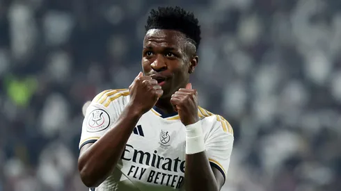 RIYADH, SAUDI ARABIA – JANUARY 14: Vinicius Junior of Real Madrid celebrates after scoring their team's first goal during the Super Copa de España Final match between Real Madrid and FC Barcelona on January 14, 2024 in Riyadh, Saudi Arabia. (Photo by Yasser Bakhsh/Getty Images)