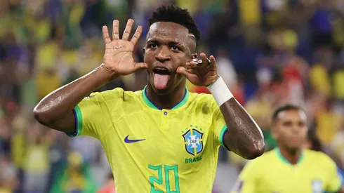 DOHA, QATAR – NOVEMBER 28: Vinicius Junior of Brazil celebrates scoring a goal that was ruled offside after the video assistant referee review during the FIFA World Cup Qatar 2022 Group G match between Brazil and Switzerland at Stadium 974 on November 28, 2022 in Doha, Qatar. (Photo by Clive Brunskill/Getty Images)