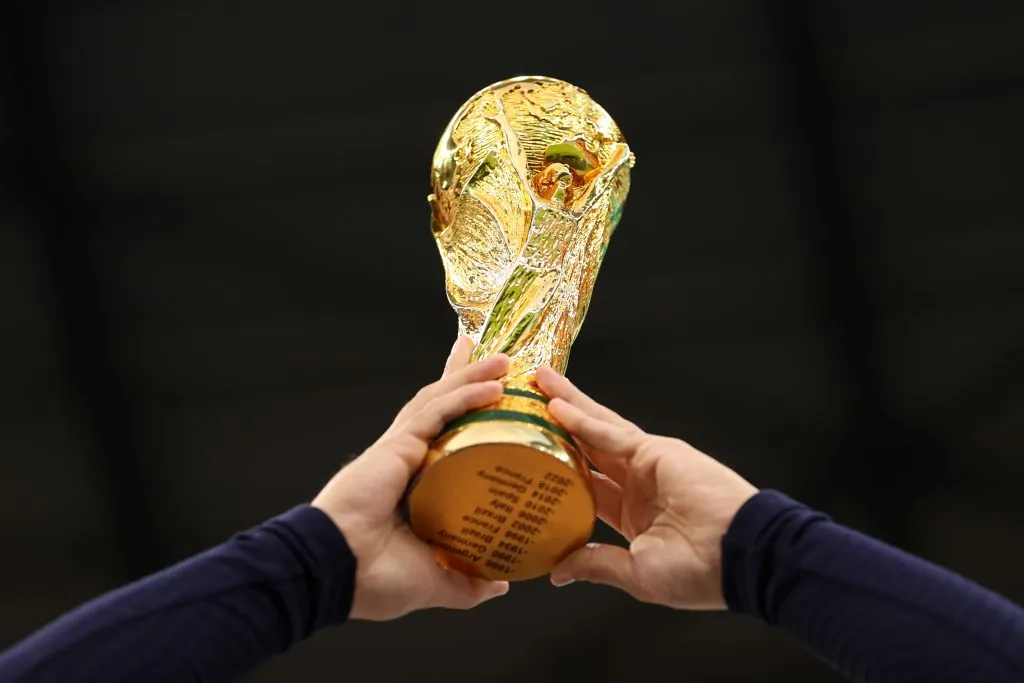 AL RAYYAN, QATAR – NOVEMBER 30: A model FIFA World Cup trophy is seen prior to the FIFA World Cup Qatar 2022 Group D match between Tunisia and France at Education City Stadium on November 30, 2022 in Al Rayyan, Qatar. (Photo by Ryan Pierse/Getty Images)