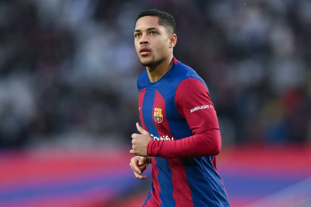 BARCELONA, SPAIN – FEBRUARY 24: Vitor Roque of FC Barcelona looks on during the LaLiga EA Sports match between FC Barcelona and Getafe CF at Estadi Olimpic Lluis Companys on February 24, 2024 in Barcelona, Spain. (Photo by David Ramos/Getty Images)