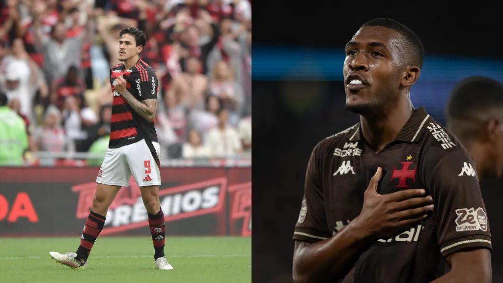 Pedro e Rayan comemoram gols pelos seus respectivos times. Fotos: Thiago Ribeiro | Jorge Rodrigues / AGIF