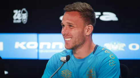 Arthur jogador do Gremio durante em coletiva de imprensa realizada no Arena do Gremio.