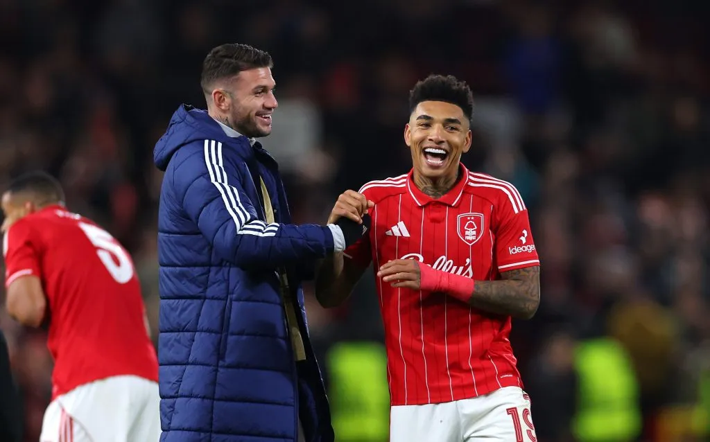 NOTTINGHAM, ENGLAND – OCTOBER 23: Morato and Igor Jesus of Nottingham Forest celebrate after the team’s victory during the UEFA Europa League 2025/26 League Phase MD3 match between Nottingham Forest FC and FC Porto at City Ground on October 23, 2025 in Nottingham, England. (Photo by Molly Darlington/Getty Images)