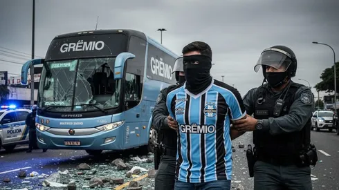 Torcedor do Grêmio deve ser preso após ataque contra ônibus do clube. Foto: Inteligência Artificial