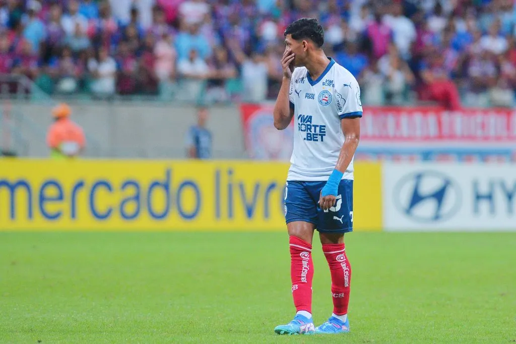 Erick Pulga, jogador do Bahia, durante partida contra o Nacional na Libertadores de 2025. Foto: Walmir Cirne/AGIF