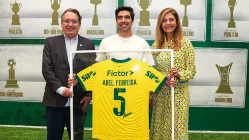 Homenagem a Abel Ferreira pelos 5 anos como técnico da SE Palmeiras, com a presença da presidente Leila Pereira e do vice Paulo Buosi, na Academia de Futebol, em São Paulo-SP. Foto: Fabio Menotti/Palmeiras/by Canon