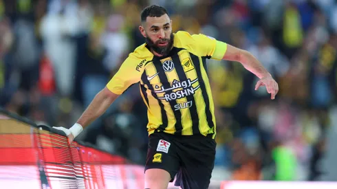 Karim Benzema of Al Ittihad celebrates after scoring the 1st goal during the Saudi Pro League match between Damac FC and Al Ittihad at Prince Sultan bin Abdulaziz Sport City Stadium on January 27, 2025 in Abha, Saudi Arabia.