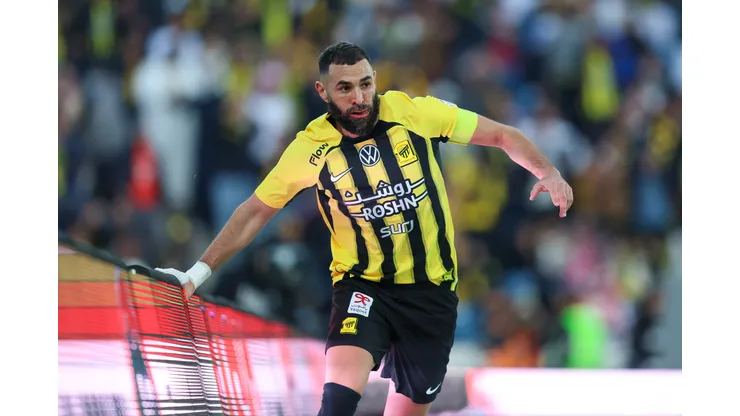 Karim Benzema of Al Ittihad celebrates after scoring the 1st goal during the Saudi Pro League match between Damac FC and Al Ittihad at Prince Sultan bin Abdulaziz Sport City Stadium on January 27, 2025 in Abha, Saudi Arabia.