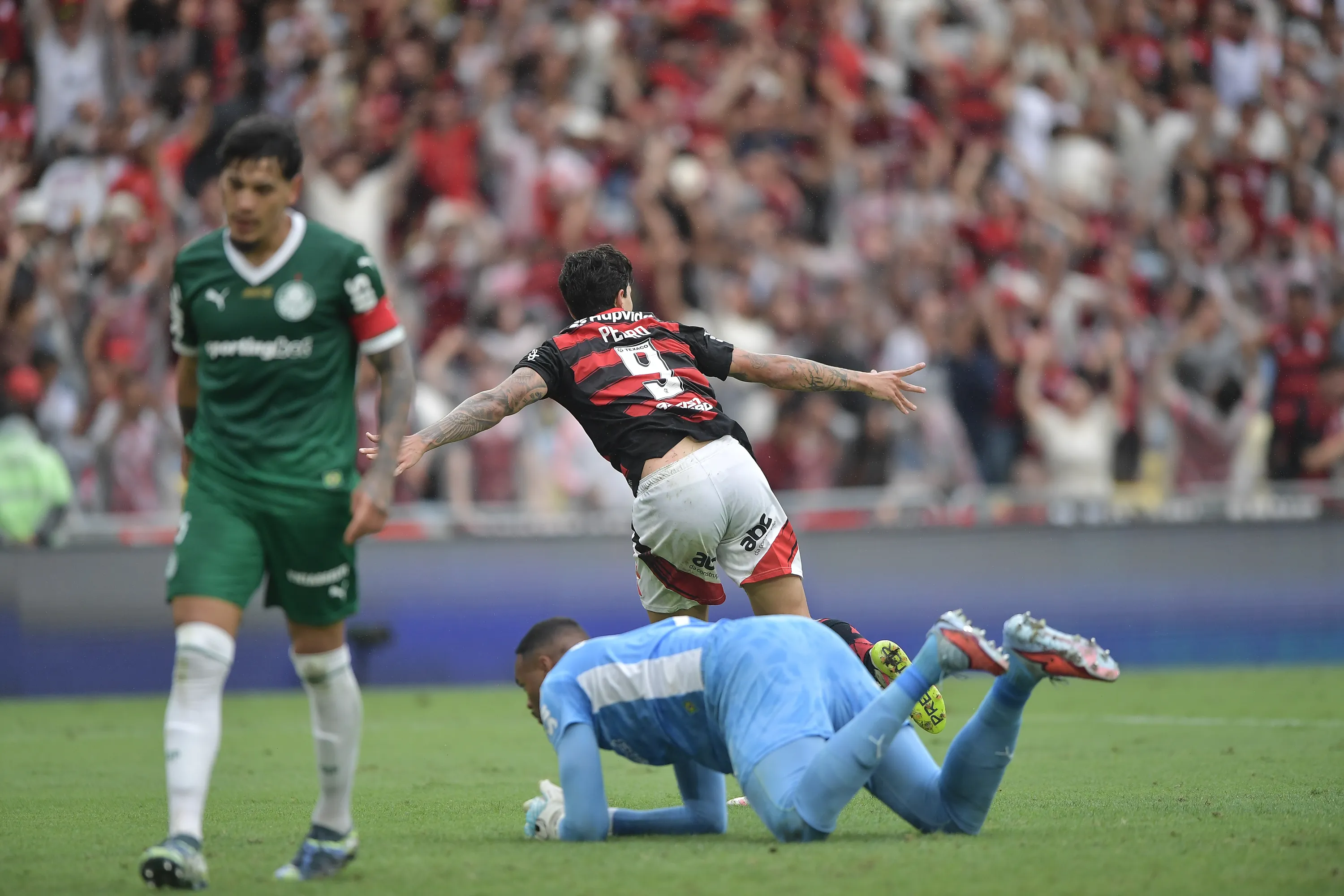 Pedro jogador do Flamengo comemora seu gol durante partida contra o Palmeiras no estadio Maracana pelo campeonato Brasileiro A 2025. Foto: Thiago Ribeiro/AGIF