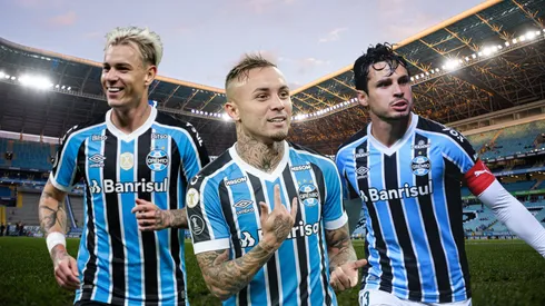 Róger Guedes, Everton Cebolinha e Raphael Veiga. Fotos: Maxi Franzoi/AGIF, Fernando Moreno/AGIF, Thiago Ribeiro/AGIF e Ettore Chiereguini/AGIF editada com Inteligência Artificial