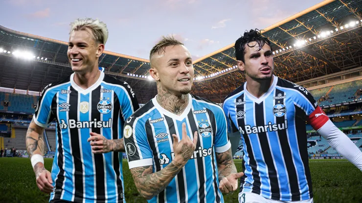 Róger Guedes, Everton Cebolinha e Raphael Veiga. Fotos: Maxi Franzoi/AGIF, Fernando Moreno/AGIF, Thiago Ribeiro/AGIF e Ettore Chiereguini/AGIF editada com Inteligência Artificial