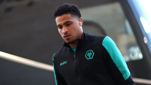 Joao Gomes of Wolverhampton Wanderers arrives at the stadium during the Premier League match between Wolverhampton Wanderers FC and Fulham FC at Molineux on February 25, 2025 in Wolverhampton, England.