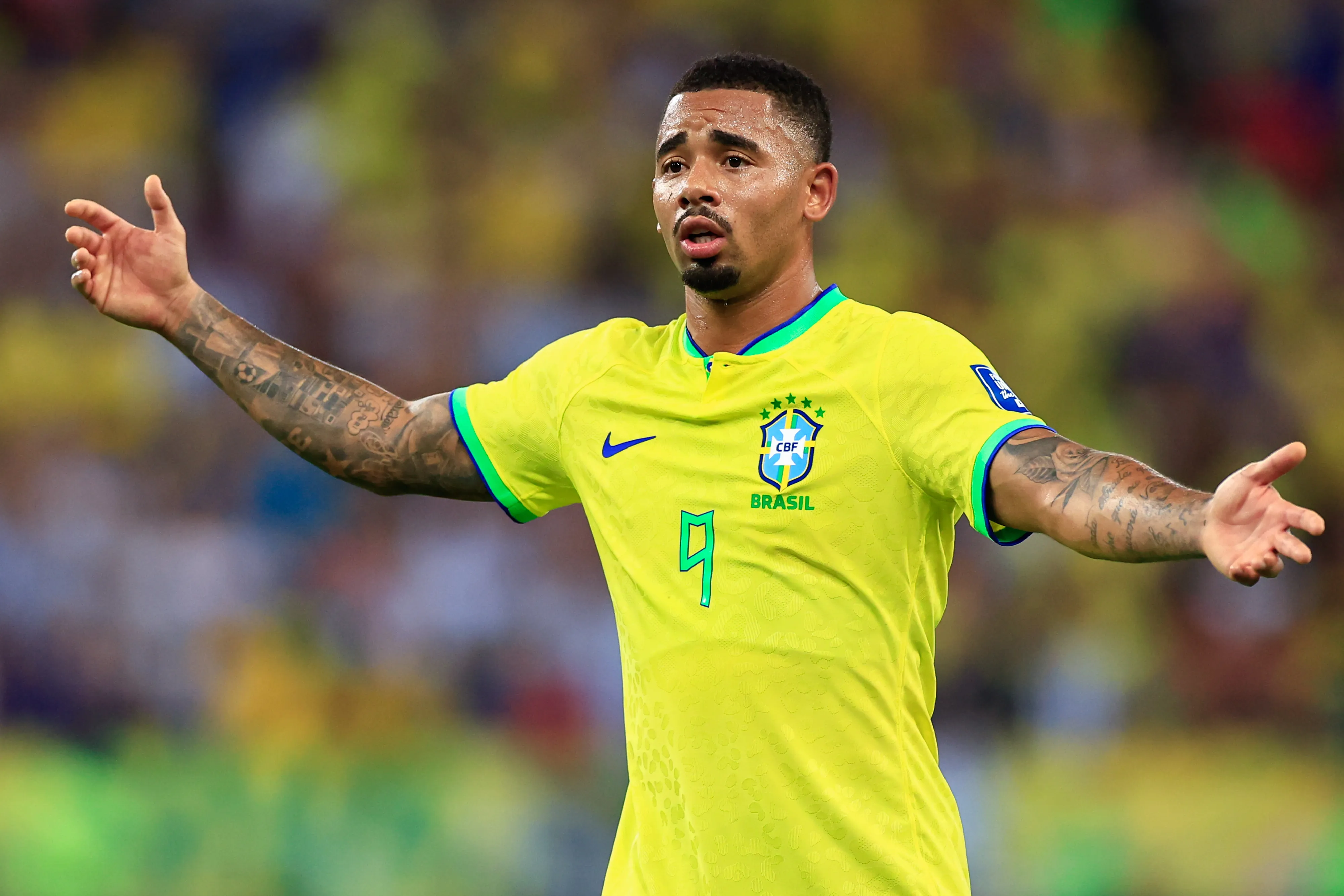 RIO DE JANEIRO, BRAZIL – NOVEMBER 21: Gabriel Jesus of Brazil gestures during a FIFA World Cup 2026 Qualifier match between Brazil and Argentina at Maracana Stadium on November 21, 2023 in Rio de Janeiro, Brazil. (Photo by Buda Mendes/Getty Images)