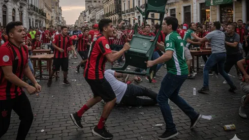 Torcedores do Flamengo e Palmeiras em confronto nas ruas de Lima, Peru, às vésperas da final da Libertadores. Foto: Gerada por IA