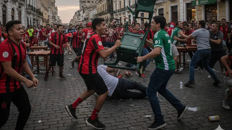 Torcedores do Flamengo e Palmeiras em confronto nas ruas de Lima, Peru, às vésperas da final da Libertadores. Foto: Gerada por IA