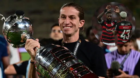 Montagem com Filipe Luís, técnico do Flamengo, Gerson e Wesley. Fotos: Rodrigo Valle e Wagner Meier/Getty Images