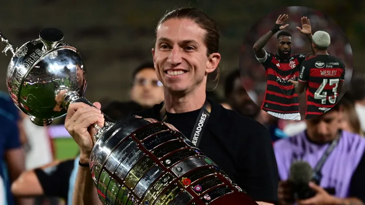Montagem com Filipe Luís, técnico do Flamengo, Gerson e Wesley. Fotos: Rodrigo Valle e Wagner Meier/Getty Images