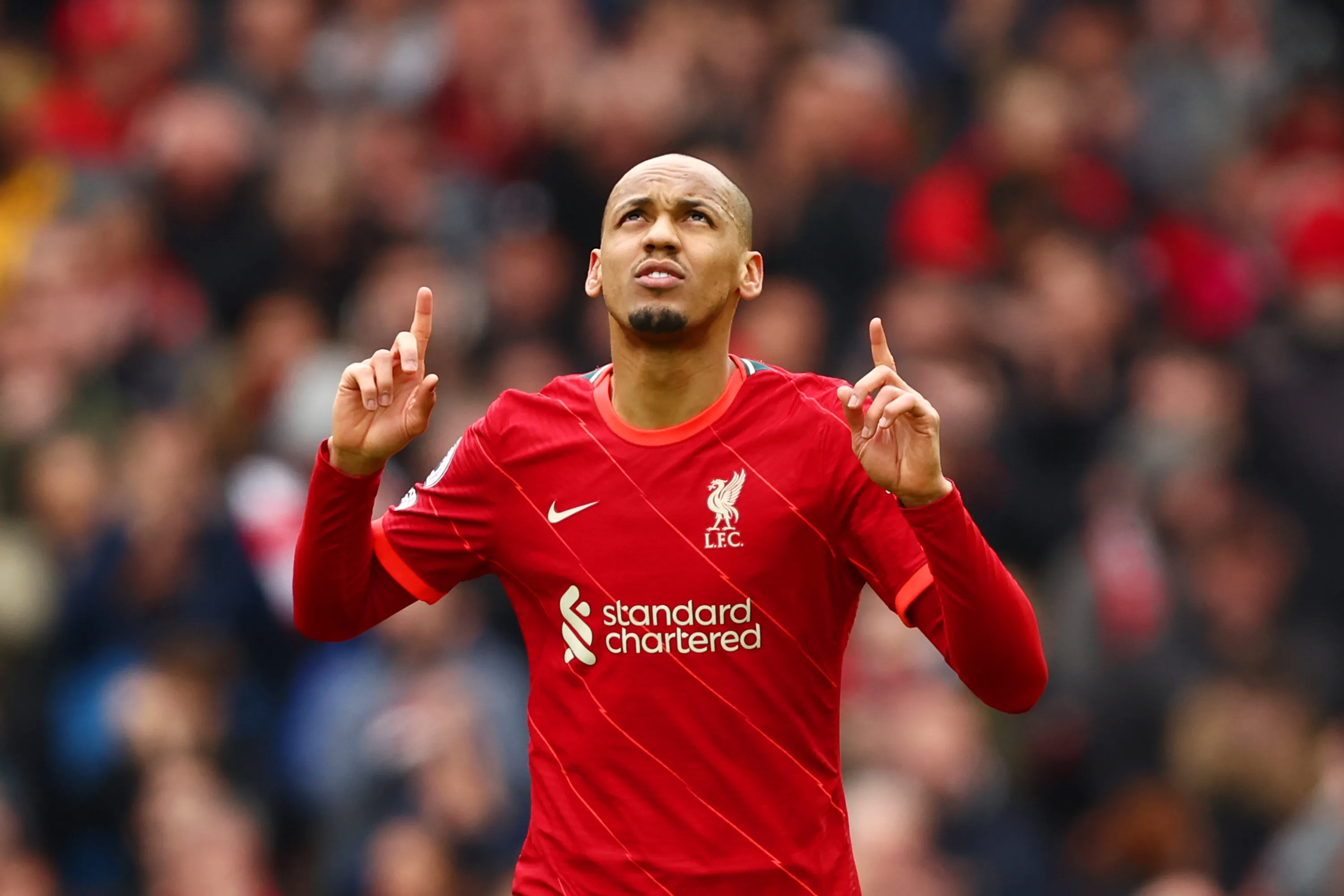 LIVERPOOL, ENGLAND – APRIL 02: Fabinho of Liverpool celebrates after scoring their team’s second goal from the penalty spo during the Premier League match between Liverpool and Watford at Anfield on April 02, 2022 in Liverpool, England. (Photo by Clive Brunskill/Getty Images)