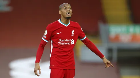 Fabinho of Liverpool reacts during the Premier League match between Liverpool and Leeds United at Anfield on September 12, 2020 in Liverpool, England.