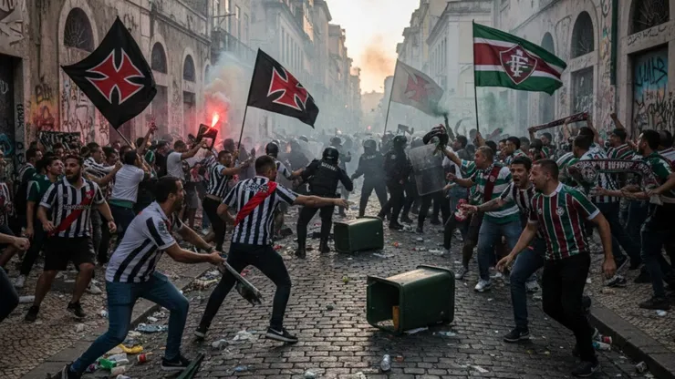 Torcedores entraram em confronto antes do duelo Fluminense x Vasco. Foto: Gerado por IA