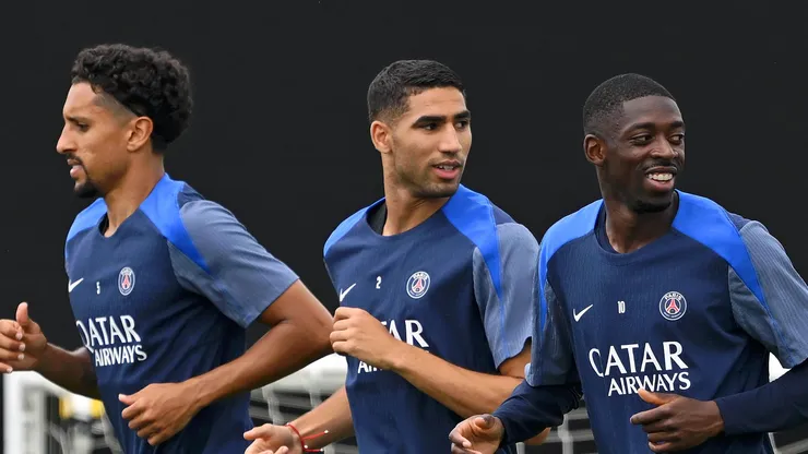 Marquinhos, Dembélé e Hakimi em treinamento do Paris Saint-Germain. (Photo by David Ramos/Getty Images)