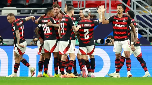 Leo Pereira of CR Flamengo celebrates scoring his team's first goal with teammates during the FIFA Challenger Cup 2025 match between CR Flamengo and Pyramids FC at Ahmad Bin Ali Stadium on December 13, 2025 in Doha, Qatar. (Photo by Getty Images/Getty Images)