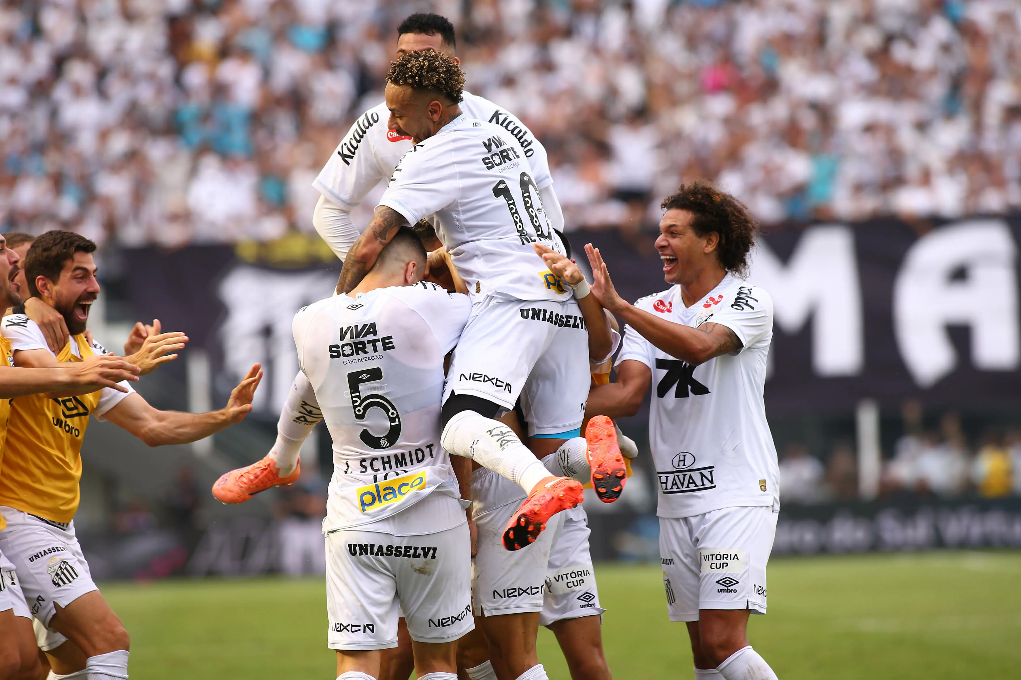 Thaciano jogador do Santos comemora seu gol durante partida contra o Cruzeiro no estadio Vila Belmiro pelo campeonato Brasileiro A 2025. Foto: Mauricio De Souza/AGIF