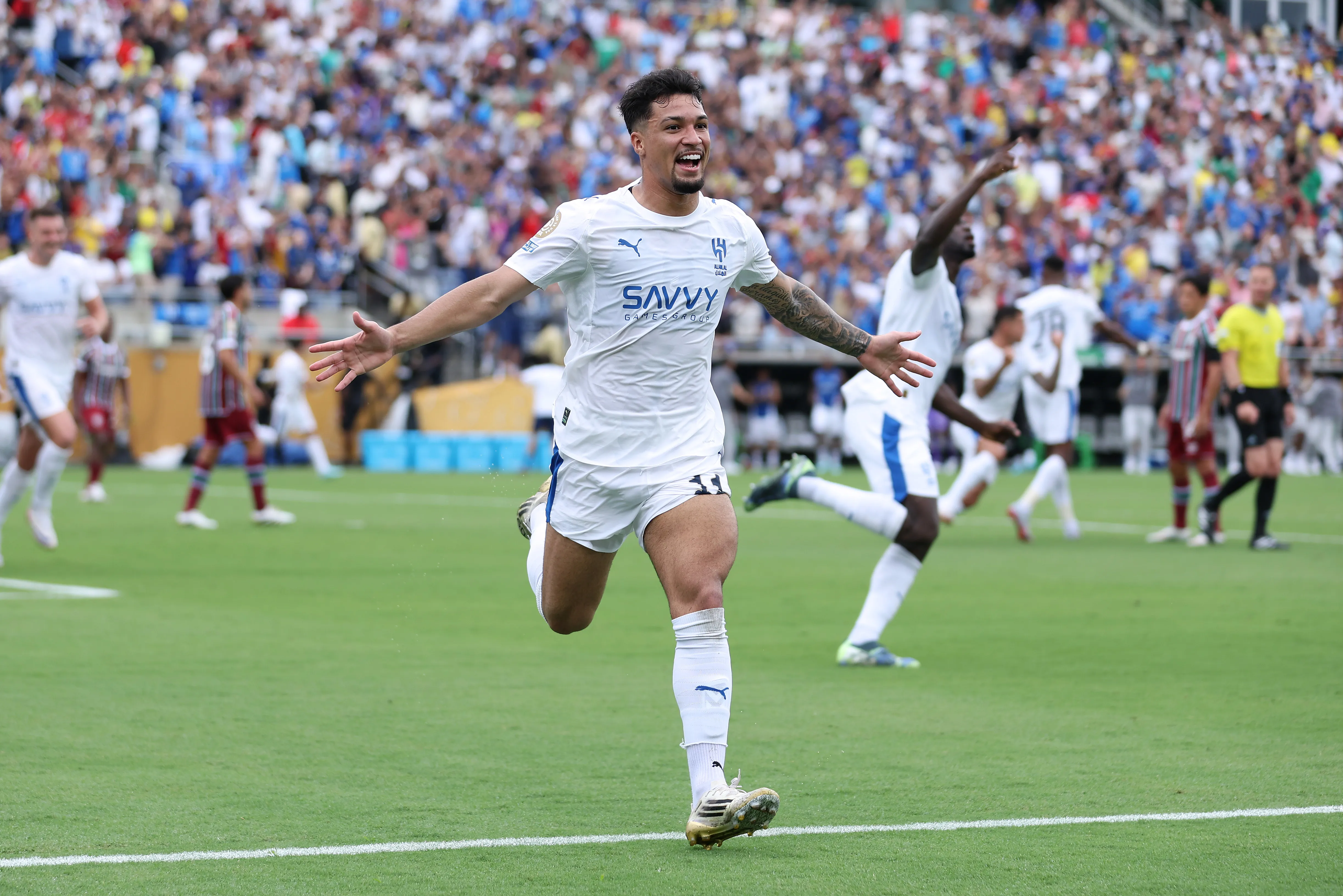 ORLANDO, FLORIDA – JULY 04: Marcos Leonardo #11 of Al Hilal celebrates scoring his team’s first goal during the FIFA Club World Cup 2025 quarter final match between Fluminense FC and Al Hilal at Camping World Stadium on July 04, 2025 in Orlando, Florida. (Photo by Megan Briggs/Getty Images)