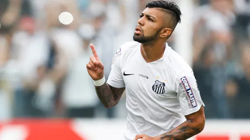 Gabriel of Santos celebrates their second goal during the match between Santos and Internacional for the Brazilian Series A 2015 at Vila Belmiro stadium on September 27, 2015 in Santos, Brazil.