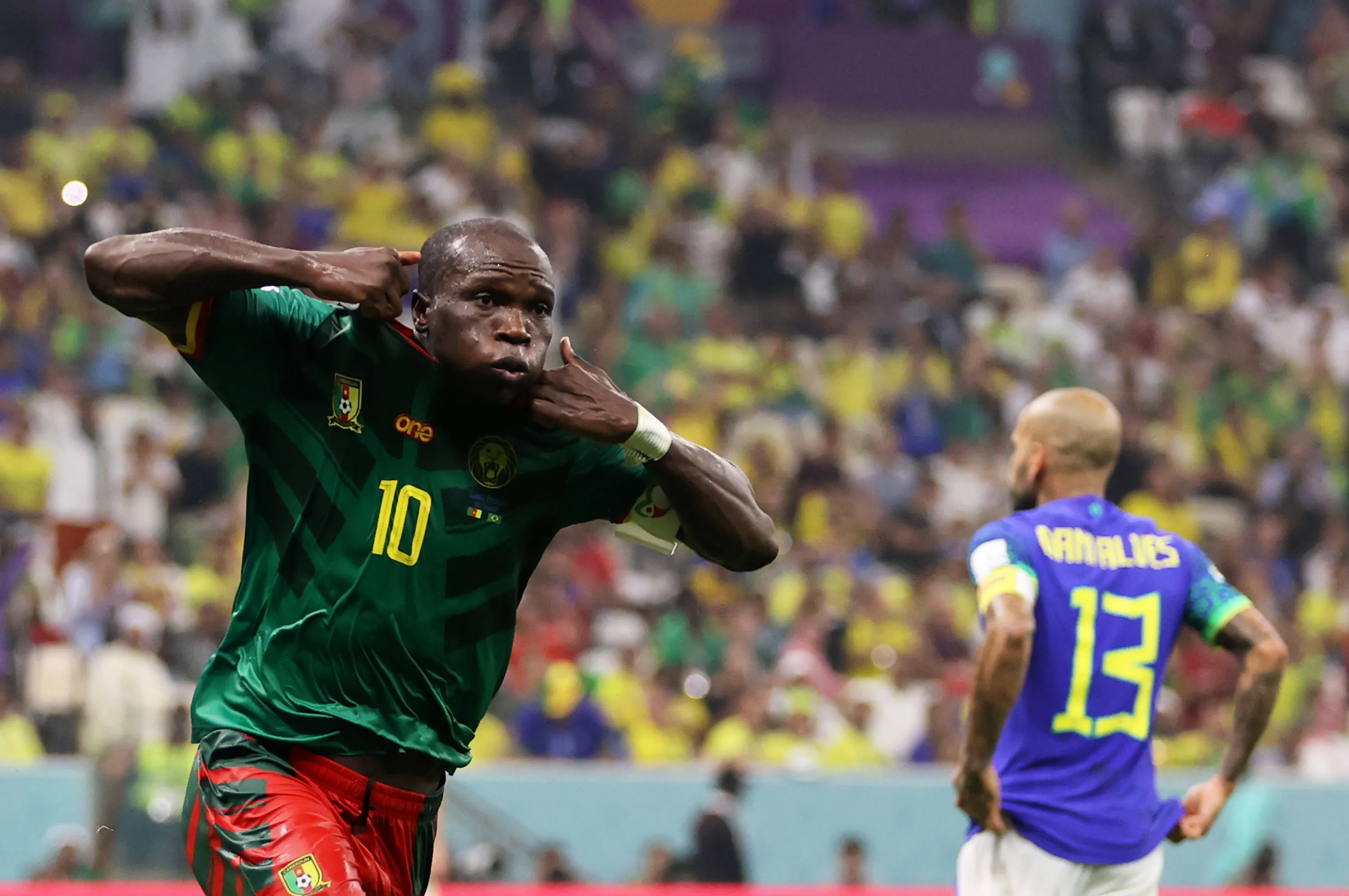 LUSAIL CITY, QATAR – DECEMBER 02: Vincent Aboubakar of Cameroon celebrates after scoring the team’s first goal during the FIFA World Cup Qatar 2022 Group G match between Cameroon and Brazil at Lusail Stadium on December 02, 2022 in Lusail City, Qatar. (Photo by Clive Brunskill/Getty Images)