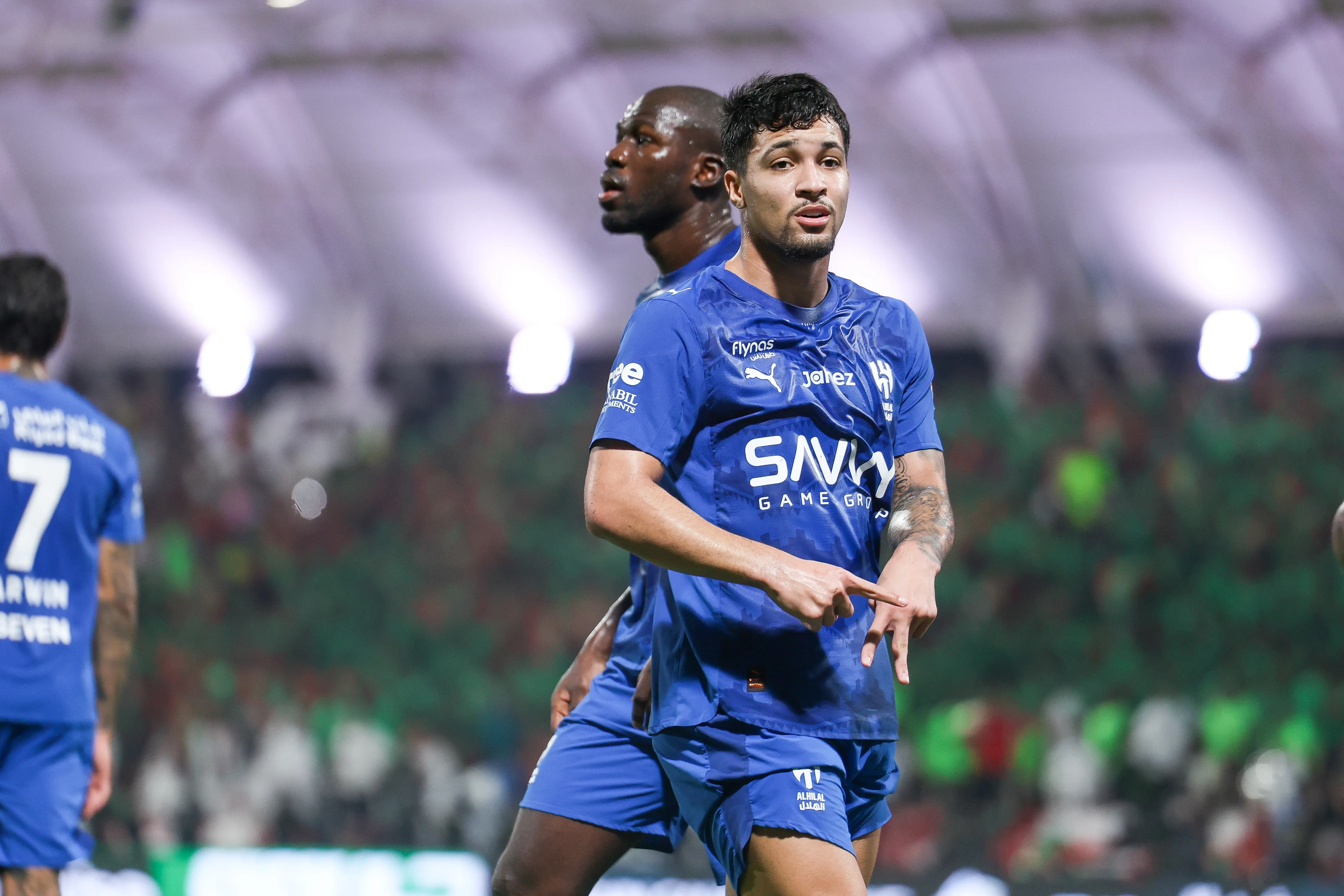 Marcos Leonardo of Al Hilal celebrates after scoring the 1st goal during the Saudi Pro League match between Al Ettifaq and Al Hilal at Ego Stadium on October 18, 2025 in Dammam, Saudi Arabia. (Photo by Yasser Bakhsh/Getty Images)