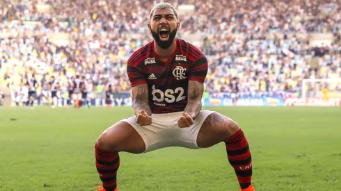 Flamengo celebrates a scored goal by teammate Willian Arao (not in frame) during a match between Flamengo and Vasco da Gama, as part of Rio State Championship Final 2 at Maracana Stadium on April 21, 2019 in Rio de Janeiro, Brazil.
