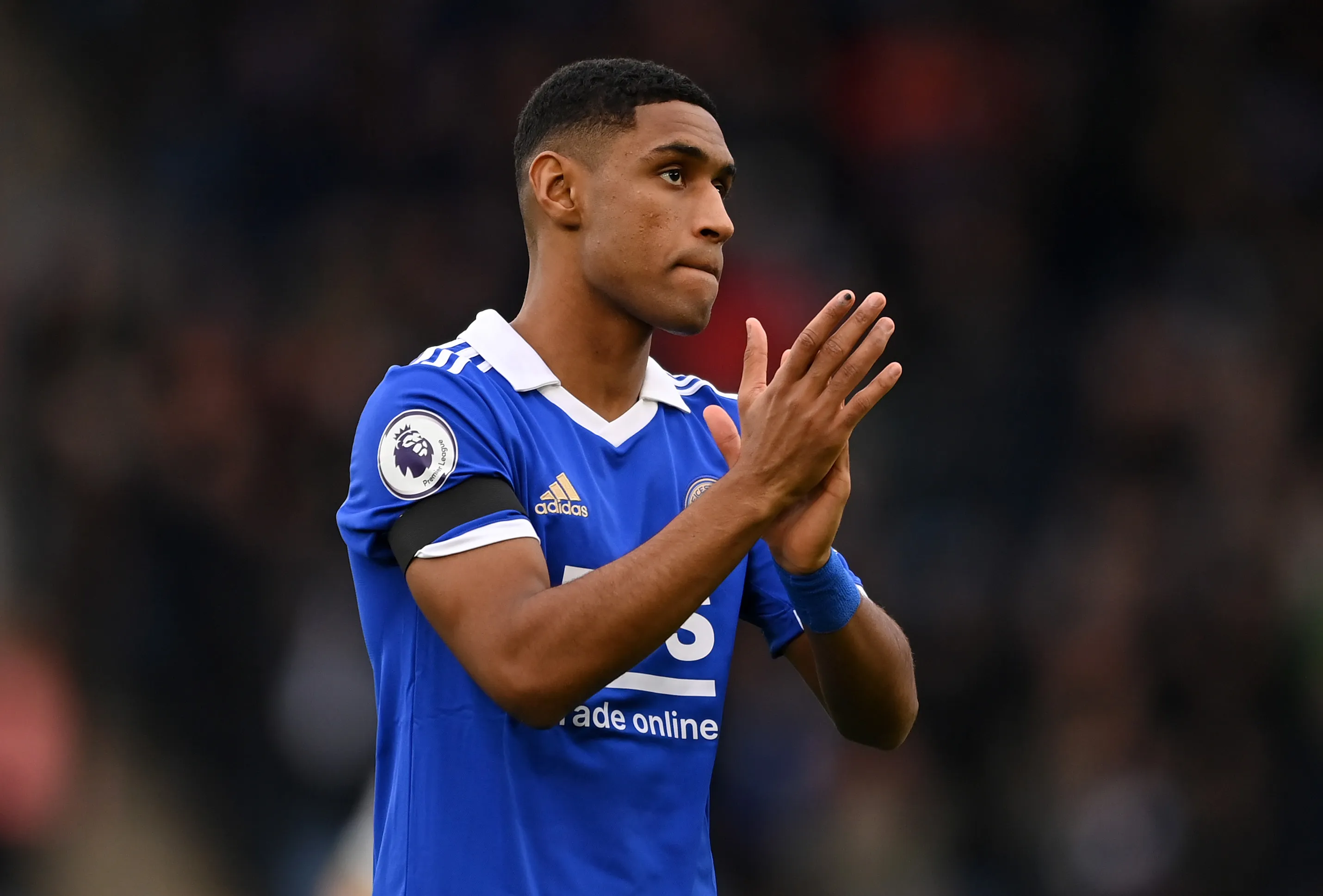 LEICESTER, ENGLAND – FEBRUARY 11: Tete of Leicester City applauds the fans prior to the Premier League match between Leicester City and Tottenham Hotspur at The King Power Stadium on February 11, 2023 in Leicester, England. (Photo by Michael Regan/Getty Images)